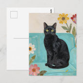 Black Cat on a Blue Couch Briefkaart (Voorkant / Achterkant)