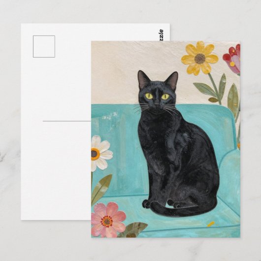 Black Cat on a Blue Couch Briefkaart (Voorkant / Achterkant)