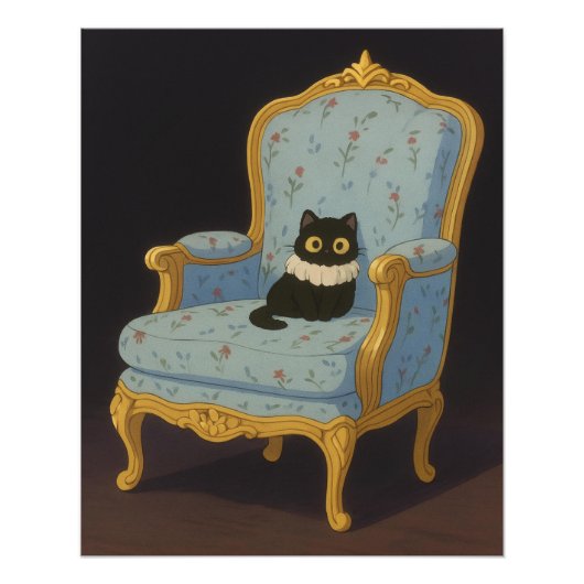 Black Cat on Blue Floral Armchair Foto Afdruk (Voorkant)
