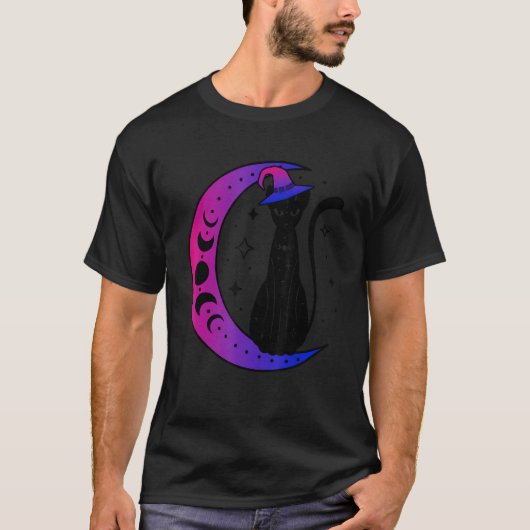 Black Cat on crescent moon bisexuality bi Pride fl T-shirt (Voorkant)
