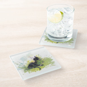 Black Cat on Grass Glass Onderzetter