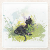 Black Cat on Grass Glass Onderzetter Glazen Onderzetter (Voorkant)