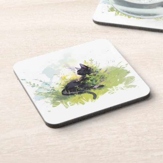 Black Cat on Grass Hard Plastic Onderzetter (Linkerzijde)