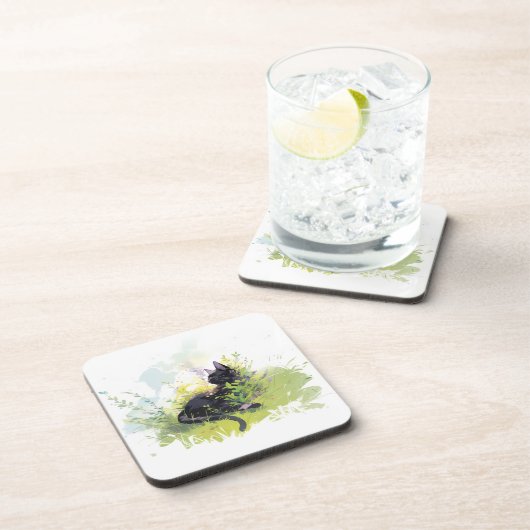 Black Cat on Grass Hard Plastic Onderzetter (Rechterzijde)