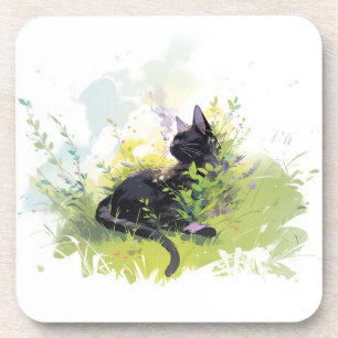 Black Cat on Grass Hard Plastic Onderzetter
