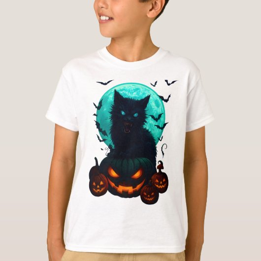 Black Cat on Pumpkins under Full Moon – Spooky Hal T-shirt (Voorkant)