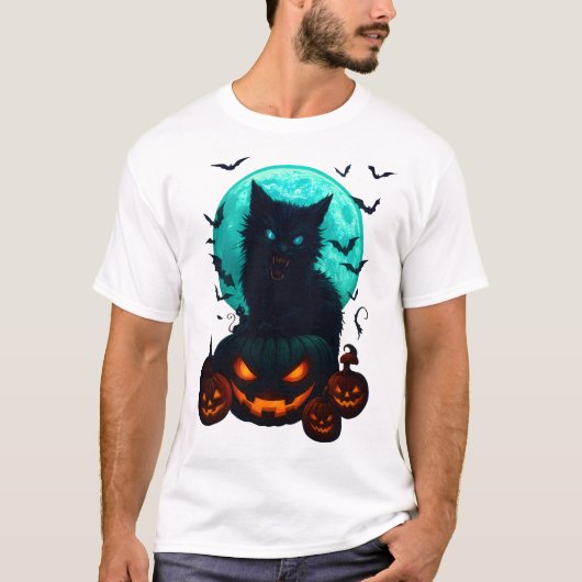 Black Cat on Pumpkins under Full Moon – Spooky Hal T-shirt (Voorkant)
