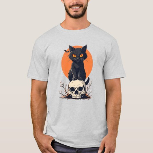 Black Cat on Skull Halloween T-shirt (Voorkant)