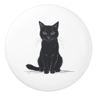 Black cat on white background door pull keramische knop