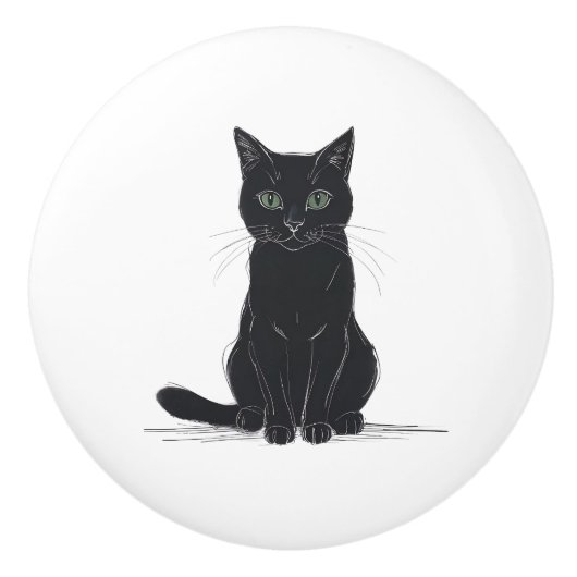 Black cat on white background door pull keramische knop (Voorkant)