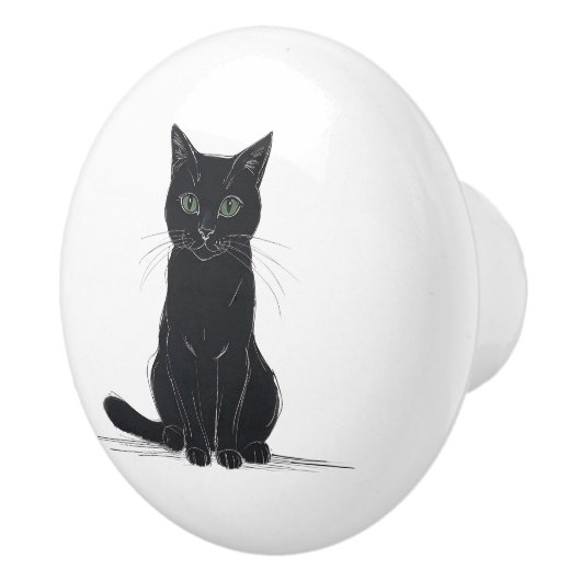 Black cat on white background door pull keramische knop (Rechts)