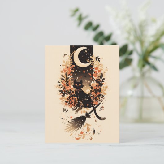 Black Cat on Witch’s Broom Under the Moon Briefkaart (Staand voorkant)