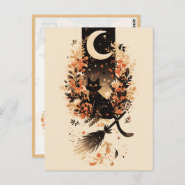 Black Cat on Witch’s Broom Under the Moon Briefkaart