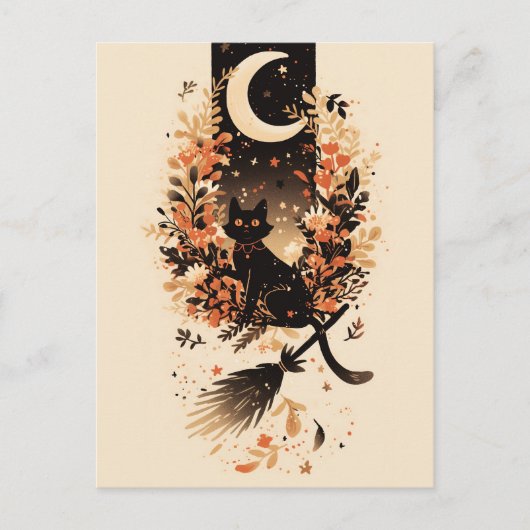 Black Cat on Witch’s Broom Under the Moon Feestdagenkaart (Voorkant)