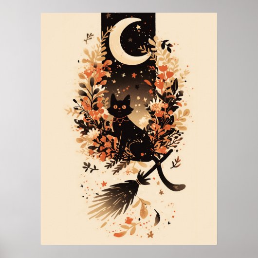 Black Cat on Witch’s Broom Under the Moon Poster (Voorkant)