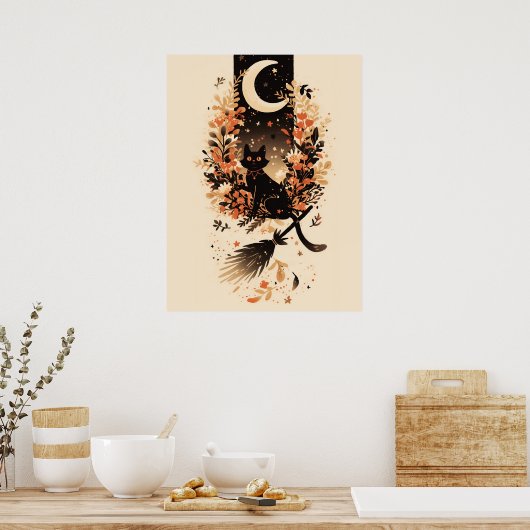 Black Cat on Witch’s Broom Under the Moon Poster (Keuken)