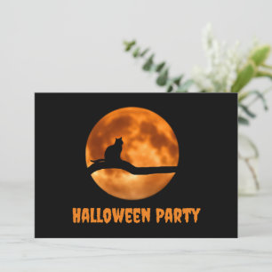Black Cat Onder Sinaasappel Moon Halloween Invitat Kaart