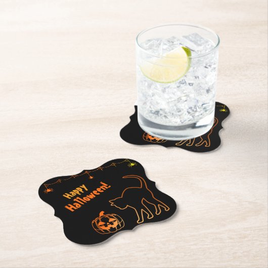 Black Cat ontmoet Jack-o-Lantern Halloween Kartonnen Onderzetters (Insitu)