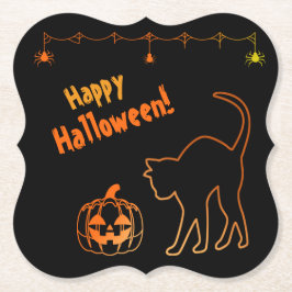 Black Cat ontmoet Jack-o-Lantern Halloween Kartonnen Onderzetters