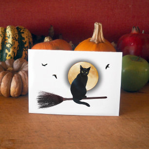 Black Cat op Broomstick Halloween Kaart