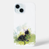 Black Cat op Grass iPhone 15 Barely There Hoesje (Achterkant)