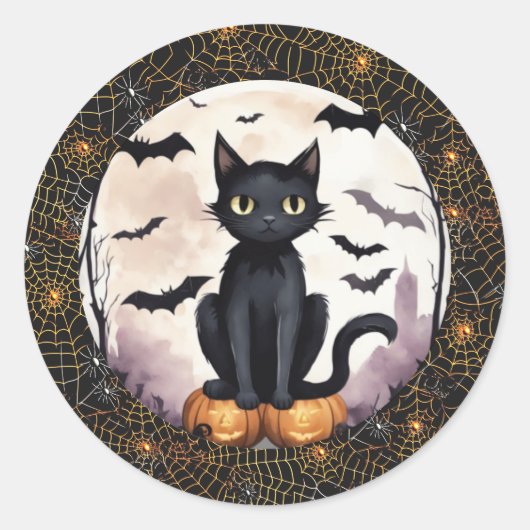 Black Cat op pompoenen en vleermuizen Halloween St Ronde Sticker (Voorkant)