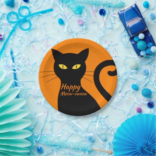 Black Cat Oranje Halloween Party Papieren Bordje (Feest)