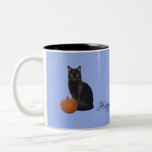 Black Cat Oranje pompoenen Happy Halloween op Blue Tweekleurige Koffiemok