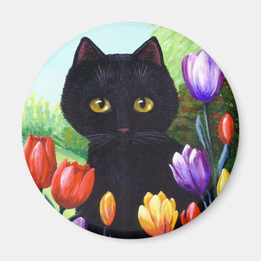 Black Cat Original Art Bloemen Spring Creationarts Magneet (Voorkant)