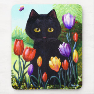 Black Cat Original Tulips Flowers Creationarts Muismat