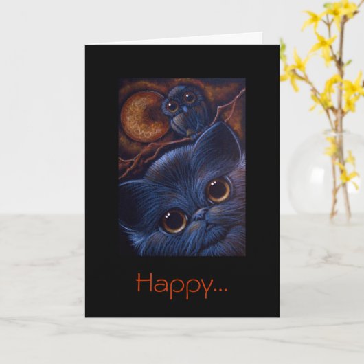 BLACK CAT & OWL HALLOWEEN NIGHT, Happy... Kaart (Gele Bloem)