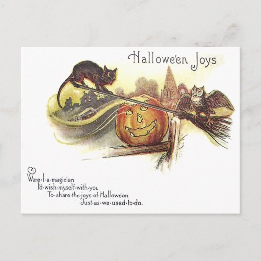 Black Cat Owl Jack O' Lantern Witch's Broom Briefkaart (Voorkant)