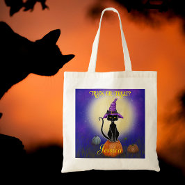 Black Cat paarse heks pet pompoenen maan Halloween Tote Bag