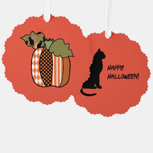 Black Cat Patchwork Pompoen Happy Halloween Schatt Ornament Kaart (Voorkant / Achterkant)
