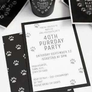 Black Cat Paw Print 40th Birthday Party Invitation Kaart