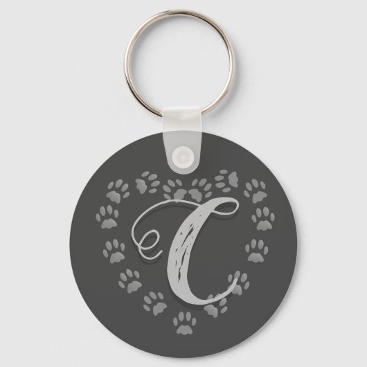 Black Cat Paw Print Heart Monogram Sleutelhanger (Voorkant)