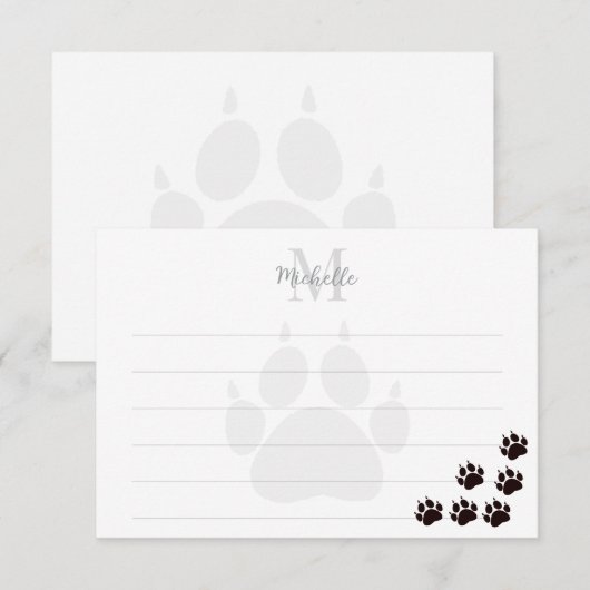 Black Cat Paw Prints Lined Monogram Notitiekaartje (Voorkant / Achterkant)