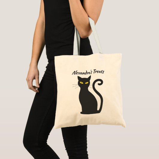 Black Cat Personalized Halloween Treat Bag Tote Bag (Voorkant (product))