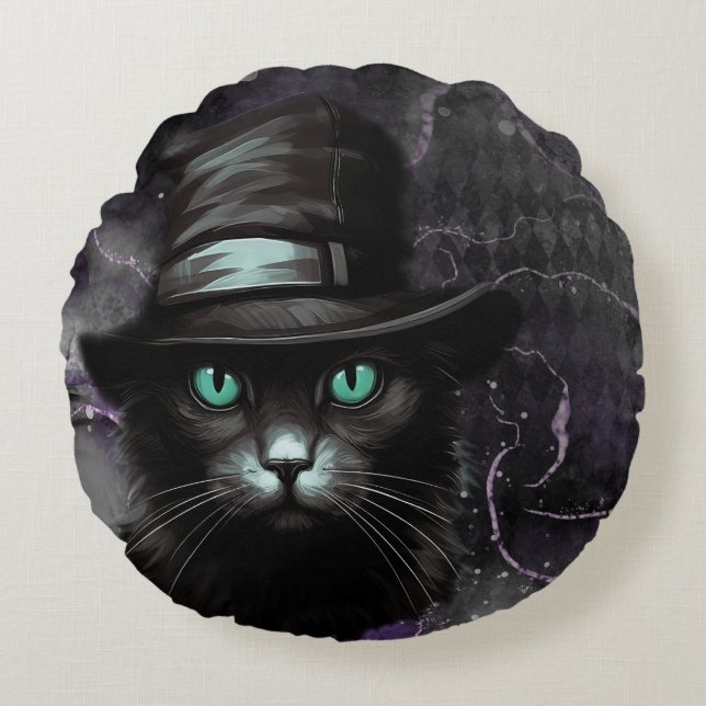 Black Cat Pet Argyle Alcoholinkt Rond Kussen (Voorkant)