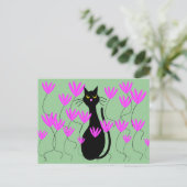 Black Cat Pink Flowers Kaarten (Staand voorkant)