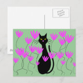Black Cat Pink Flowers Kaarten (Voorkant / Achterkant)