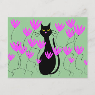 Black Cat Pink Flowers Kaarten