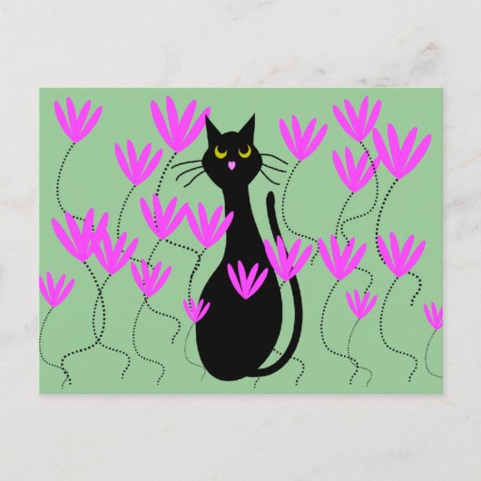 Black Cat Pink Flowers Kaarten (Voorkant)