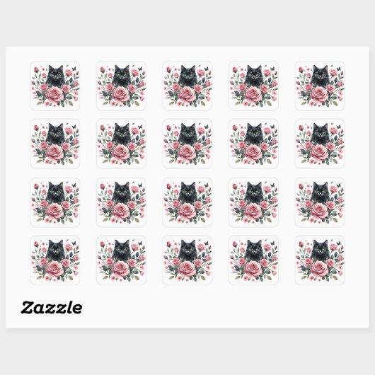Black Cat Pink Roses Waterverf Vierkante Sticker (Vel)