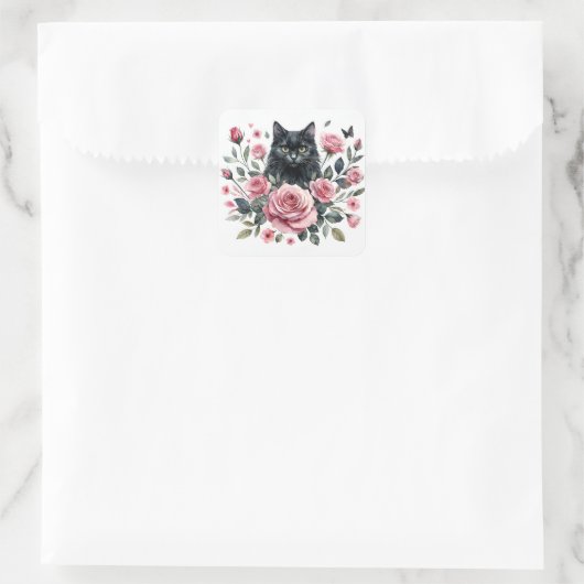Black Cat Pink Roses Waterverf Vierkante Sticker (Tas)