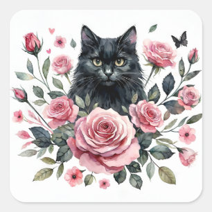 Black Cat Pink Roses Waterverf Vierkante Sticker