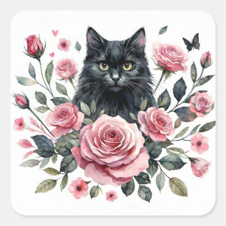 Black Cat Pink Roses Waterverf Vierkante Sticker