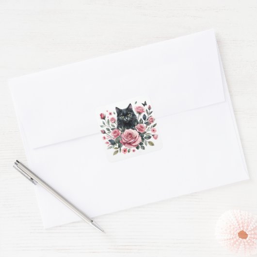Black Cat Pink Roses Waterverf Vierkante Sticker (Envelop)