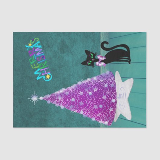 Black Cat Pink Silver Tree Colourful Christmas Tissuepapier (Voorkant)