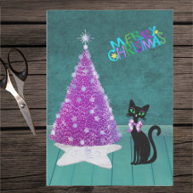 Black Cat Pink Silver Tree Colourful Christmas